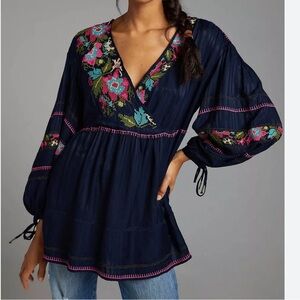 NWT Anthropologie navy blue embroidered splice boho tunic top Small